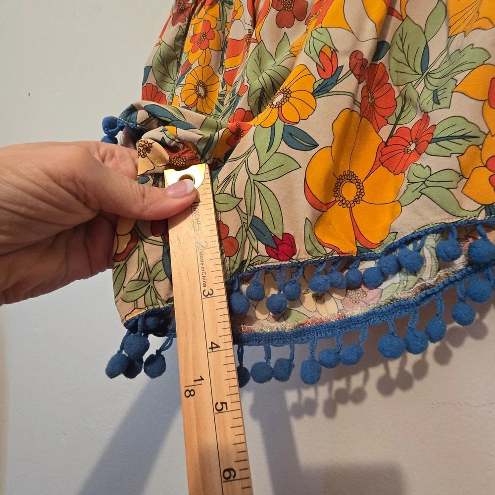Natural Life Shorts Womens Large Orange Floral Pom Pom Trim Boho Festival Retro